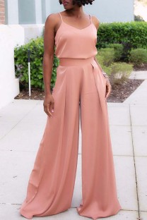 Pink Casual Solid Backless Vests Pants V Neck Sleeveless Two Pieces