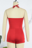 Red Sexy Solid Patchwork Halter Skinny Rompers