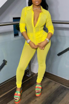 Yellow Sexy Solid Patchwork Buckle See-through Turndown Collar Long Sleeve Two Pieces