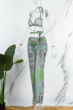 Green Sexy Print Bandage Backless Swimsuit Three Piece Set