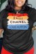 Black Casual Print Letter O Neck T-Shirts