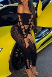 Black Sexy Patchwork Hollowed Out See-through Off the Shoulder Long Sleeve Two Pieces