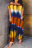 Yellow Fashion Casual Print Tie Dye Backless Off the Shoulder Regular Jumpsuits