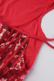 Red Sexy Patchwork Bandage Sequins Backless Halter Sleeveless Dress Dresses