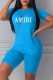 Blue Street Print Letter V Neck Short Sleeve Two Pieces