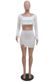 White Sexy Casual Solid Patchwork Beading Off the Shoulder Long Sleeve Two Pieces