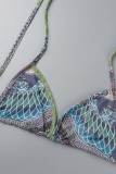 Green Sexy Print Bandage Backless Swimsuit Three Piece Set