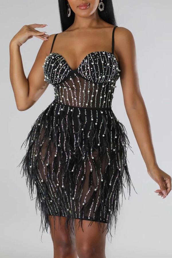 Black Sexy Patchwork Hot Drilling See-through Feathers Backless Spaghetti Strap Sleeveless Dress Dresses