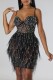 Black Sexy Patchwork Hot Drilling See-through Feathers Backless Spaghetti Strap Sleeveless Dress Dresses