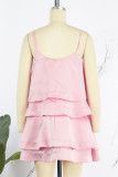 Pink Sweet Solid Patchwork Spaghetti Strap Cake Skirt Dresses