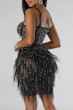 Pink Sexy Patchwork Hot Drilling See-through Feathers Backless Spaghetti Strap Sleeveless Dress Dresses