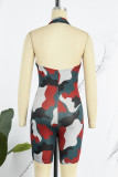 Red Sexy Camouflage Print Backless Halter Skinny Rompers
