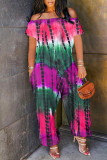 Yellow Fashion Casual Print Tie Dye Backless Off the Shoulder Regular Jumpsuits