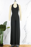 Black Sexy Casual Solid Backless Halter Regular Jumpsuits