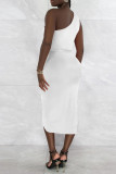 White Sexy Solid Bandage Patchwork Asymmetrical Oblique Collar Irregular Dress Dresses