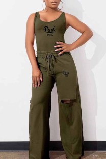 Army Green Casual Print Ripped Letter U Neck Sleeveless Two Pieces