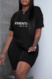 White Casual Print Letter O Neck Short Sleeve Two Pieces