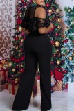 Black Sexy Casual Solid Hollowed Out Patchwork O Neck Regular Jumpsuits