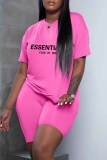 White Casual Print Letter O Neck Short Sleeve Two Pieces