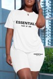 White Casual Print Letter O Neck Short Sleeve Two Pieces