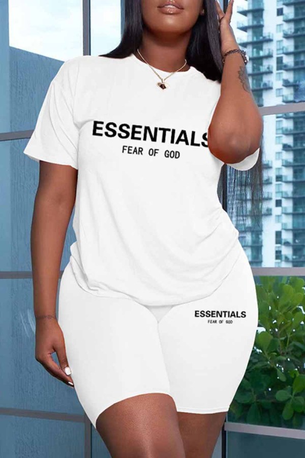 White Casual Print Letter O Neck Short Sleeve Two Pieces