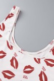 White Sexy Casual Lips Printed Basic U Neck Plus Size Two Pieces