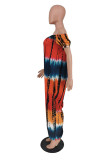 Yellow Fashion Casual Print Tie Dye Backless Off the Shoulder Regular Jumpsuits