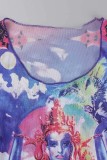 Blue Casual Print Frenulum Slit O Neck Short Sleeve Two Pieces