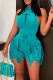 Light Blue Casual Print Tassel Patchwork O Neck Sleeveless Two Pieces