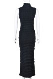 Black Casual Solid Basic Turtleneck Sleeveless Dress (Without Belt)
