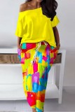 Yellow Casual Print Basic Oblique Collar Half Sleeve Two Pieces