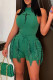 Ink Green Casual Print Tassel Patchwork O Neck Sleeveless Two Pieces