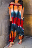 Yellow Fashion Casual Print Tie Dye Backless Off the Shoulder Regular Jumpsuits