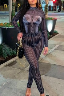 Black Sexy Striped See-through Half A Turtleneck Long Sleeve Two Pieces