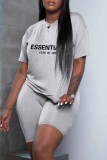 White Casual Print Letter O Neck Short Sleeve Two Pieces