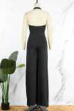 Black Sexy Casual Solid Backless Halter Regular Jumpsuits