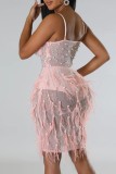 Pink Sexy Patchwork Hot Drilling See-through Feathers Backless Spaghetti Strap Sleeveless Dress Dresses