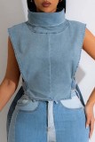 Baby Blue Casual Solid Patchwork Turtleneck Tops