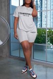 White Casual Print Letter O Neck Short Sleeve Two Pieces