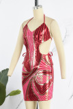 Red Sexy Patchwork Bandage Sequins Backless Halter Sleeveless Dress Dresses