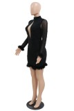 Black Sexy Patchwork Hot Drilling Hollowed Out Half A Turtleneck Long Sleeve Dresses