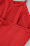 Red Sexy Solid Patchwork Halter Skinny Rompers