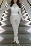 White Casual Solid See-through O Neck Long Sleeve Two Pieces
