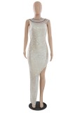 Apricot Sexy Formal Patchwork Hot Drilling Sequins Slit O Neck Evening Dress