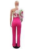Rose Red Casual Print Patchwork With Belt Oblique Collar Regular Jumpsuits
