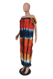 Yellow Fashion Casual Print Tie Dye Backless Off the Shoulder Regular Jumpsuits