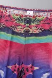 Blue Casual Print Frenulum Slit O Neck Short Sleeve Two Pieces