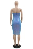 Blue Sexy Patchwork Hollowed Out Backless Strapless Sleeveless Dress Dresses