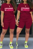 Burgundy Letter Print Basic O Neck Short Sleeve Two Pieces