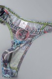 Green Sexy Print Bandage Backless Swimsuit Three Piece Set